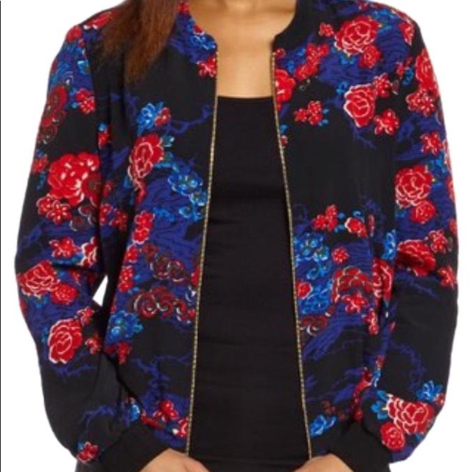 French Connection Shanghai Floral Bomber Jacket Blue Red Black Size 8